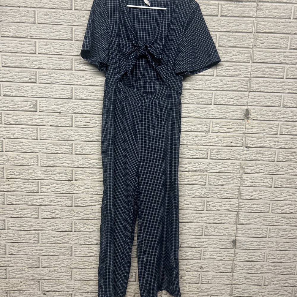 Promesa Jumpsuit Romper Plaid‎ Blue Pockets Size Large